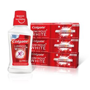 Kit Creme Dental Clareador Colgate Luminous White Brilliant Mint 3 Unidades 70g + Enxaguante Bucal Clareador Colgate Luminous White 250ml