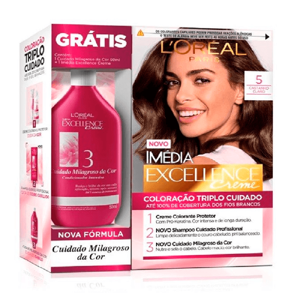 Kit Tinta Imédia Excellence Loreal Creme Castanho Claro 5 + Creme Milagroso 50ml