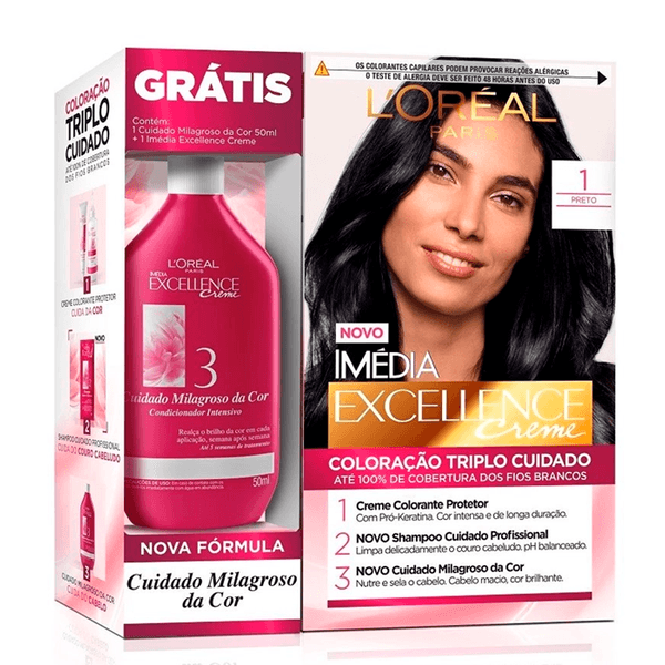 Kit Tinta Imédia Excellence Loreal Creme Preto 1 + Creme Milagroso 50ml