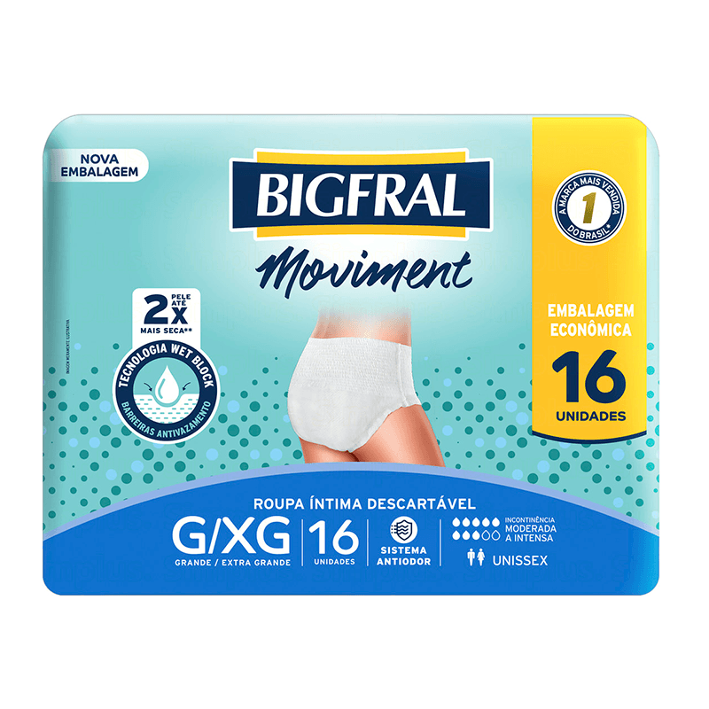 Roupa Íntima Unissex Bigfral Moviment G/XG 16 Unidades