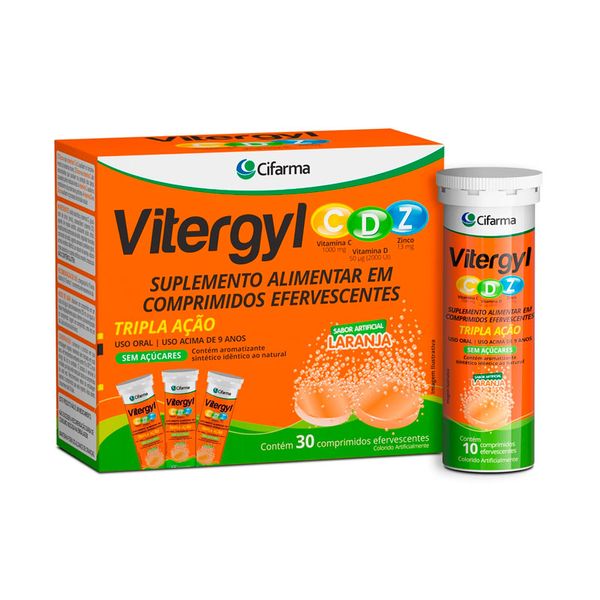 Suplemento Alimentar Vitergyl CDZ Tripla Ação Sabor Laranja 30 Comprimidos Efervescentes
