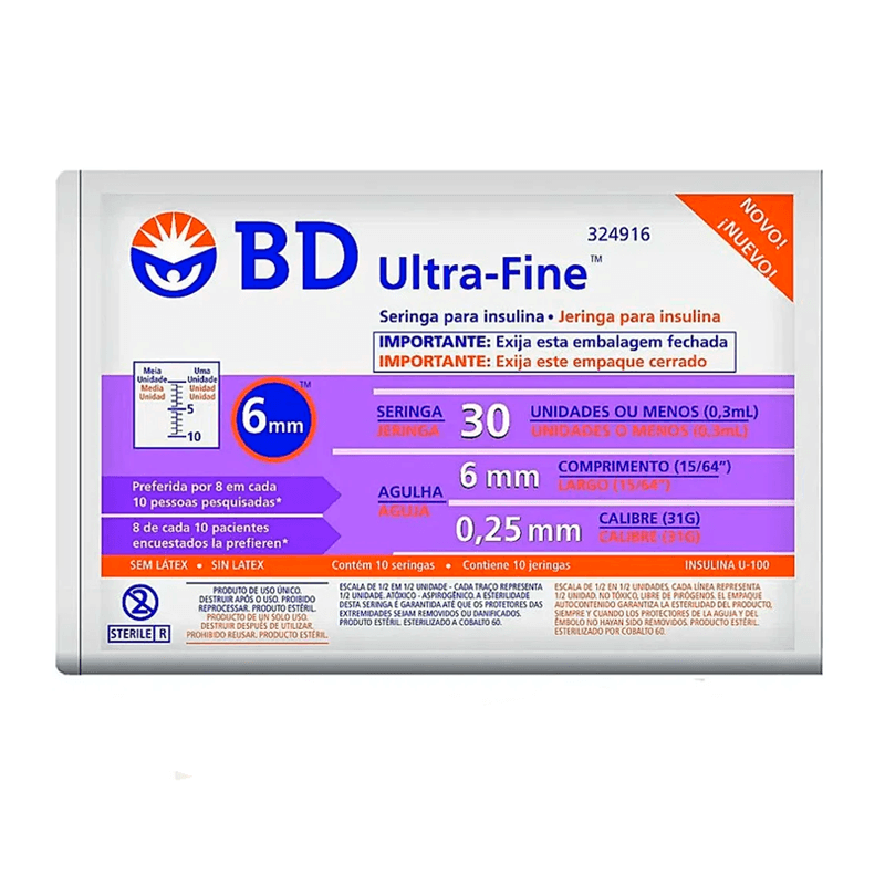 Seringa Para Insulina BD Ultra-Fine 30 UI Agulha 6mmx0,25mm 10 Unidades