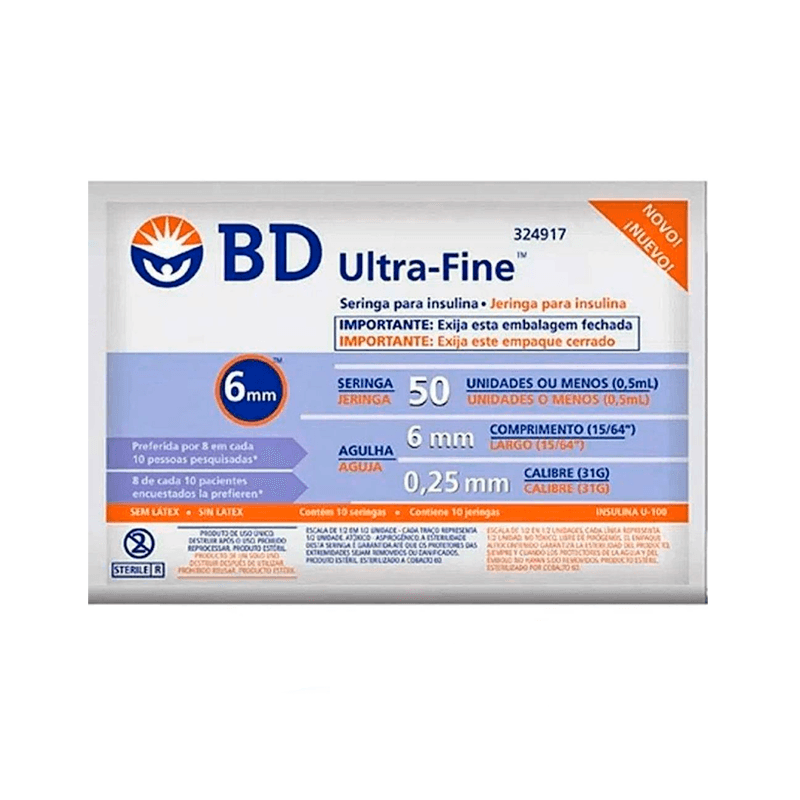 Seringa Para Insulina BD Ultra-Fine 50 UI Agulha 6mmx0,25mm 10 Unidades