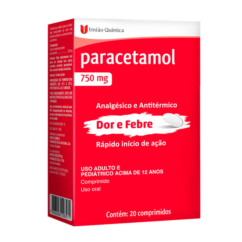 Paracetamol 750mg União Química 20 Comprimidos