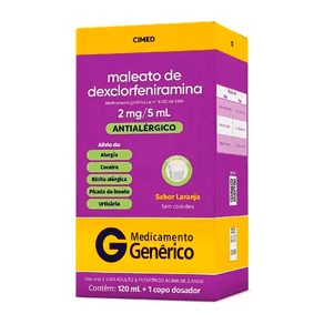 Antialérgico Maleato de Dexclorfeniramina 2mg/5ml Cimed Sabor Laranja Uso Oral 120ml + Copo Dosador