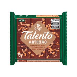 Chocolate Garoto Talento Artesão Castanha de Caju, Castanha do Pará e Nibs de Cacau 75g