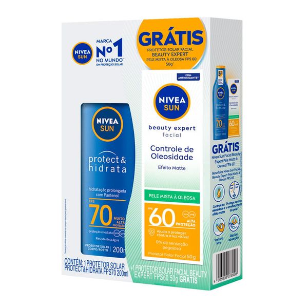 Kit Protetor Solar Nivea Sun Proteção e Hidratação FPS70 200ml + Protetor Solar Facial Nivea Beauty Expert FPS60 50g