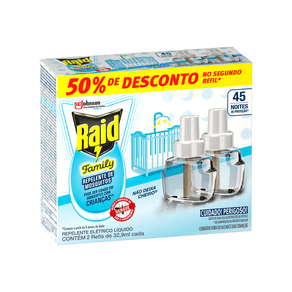 Refil Repelente Elétrico Líquido Raid Family 45 Noites 2 Unidades 32,9ml