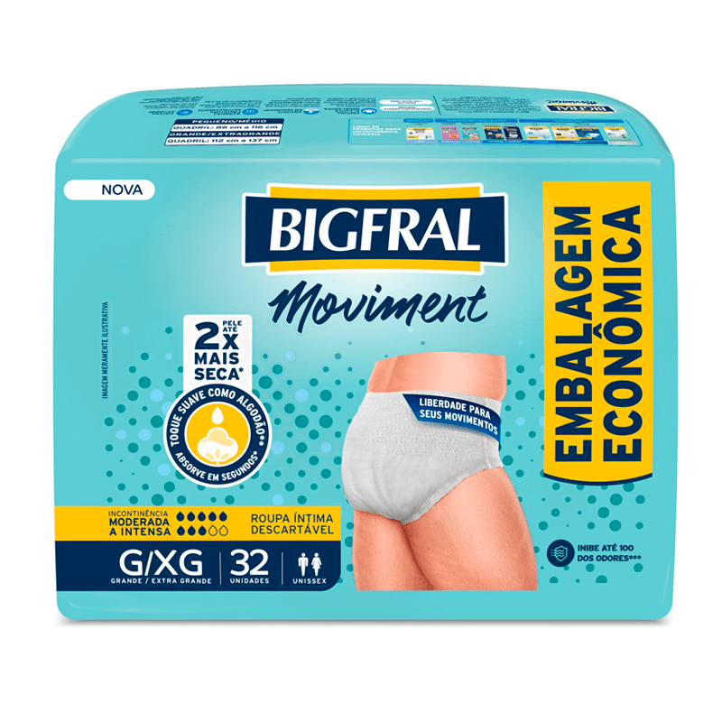 Roupa Íntima Descartável Bigfral Moviment Unissex G/XG 32 Unidades