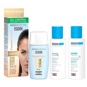 Kit Viagem Protetor Solar Isdin Fusion Water 5 Stars FPS60 30ml + Loção Ureadin 10% 100ml + Gel de Banho Ureadin Bath 100ml