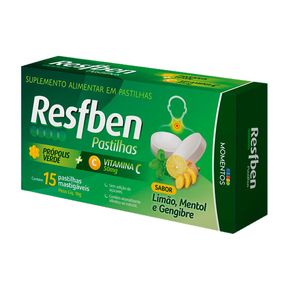 Suplemento Alimentar Resfben Sabor Limão, Mentol e Gengibre 15 Pastilhas Mastigáveis