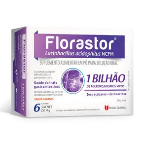 Suplemento Alimentar em Pó Florastor 1 Bilhão Solução Oral Sabor Laranja 6 Sachês 4g Cada
