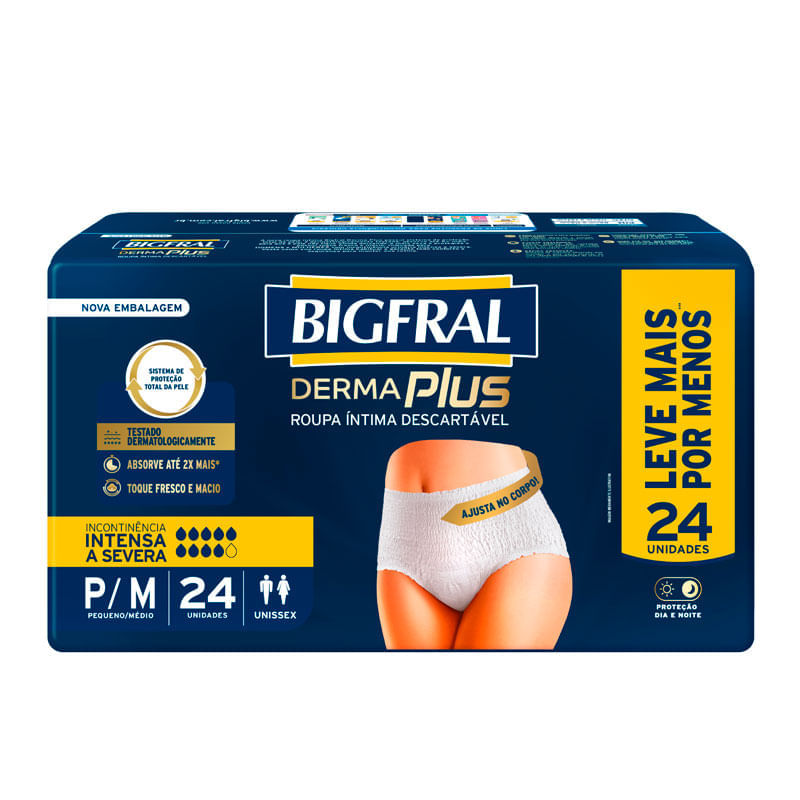 Roupa Íntima Descartável Bigfral Derma Plus Incontinência Intensa a Severa P/M 24 Unidades