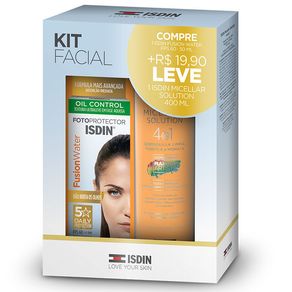 Kit Facial Isdin Protetor Solar Fusion Water Oil Control FPS60 50ml + Isdin Micellar Solution 4 em 1 Peles Sensíveis 400ml