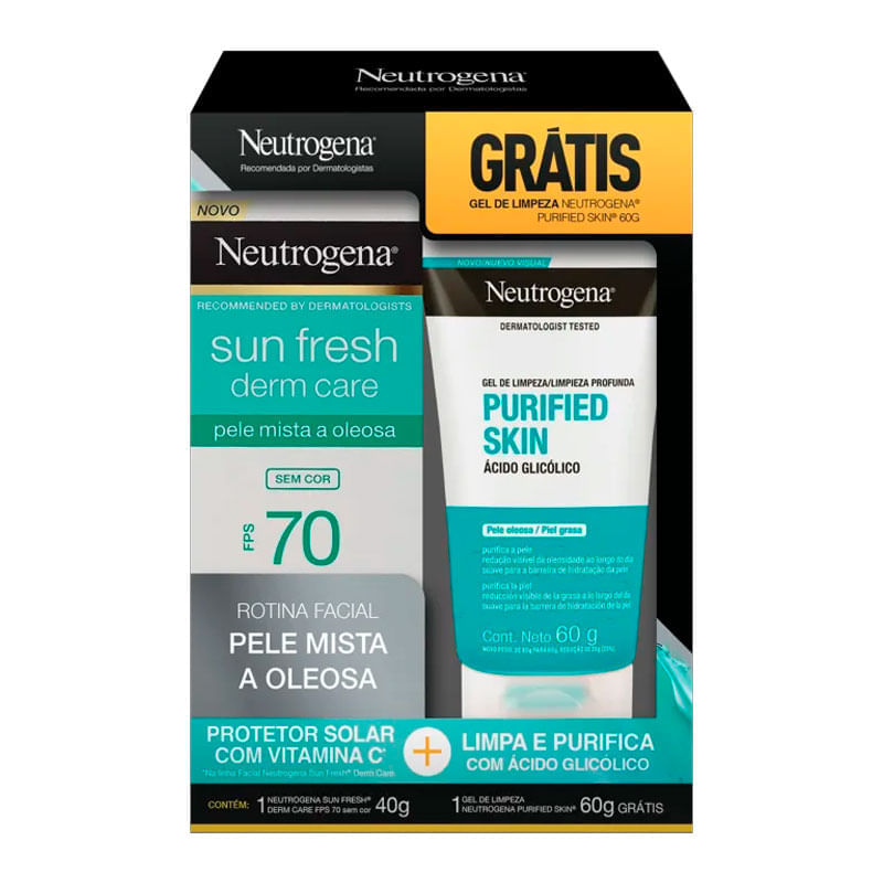 Kit Protetor Solar Facial Neutrogena Sun Fresh Derm Care FPS70 Sem Cor 40g + Gel de Limpeza Neutrogena Purified Skin 60g