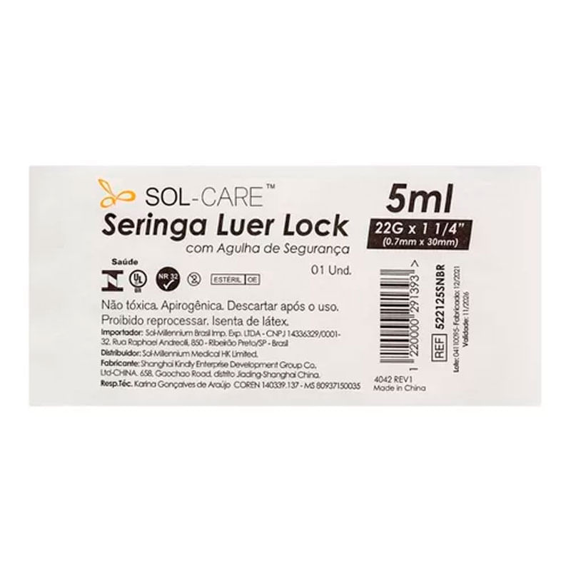 Seringa Sol-Care Luer Lock com Agulha de Segurança 30mmx0,7mm 5ml 1 Unidade