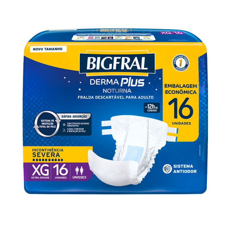 Fralda Descartável Bigfral Derma Plus Noturna XG Embalagem Econômica 16 Unidades