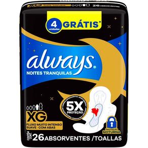 Absorvente Always Noturno Noites Tranquilas Suave com Abas XG 26 Unidades