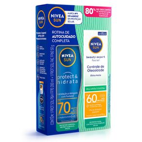 Kit Protetor Solar Nivea Sun Protect & Hidrata FPS70 200ml + Protetor Solar Facial Nivea Sun Facial Beauty Expert Controle de Oleosidade FPS60 50g