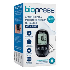 Kit Aparelho para Medição de Glicose Biopress + 10 Tiras Reagentes + 10 Lancetas + Lancetador + Estojo para Transporte