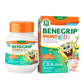 Suplemento Alimentar Benegrip Imuno Kids Sabor Uva, Morango & Laranja com Mel 30 Comprimidos Mastigáveis