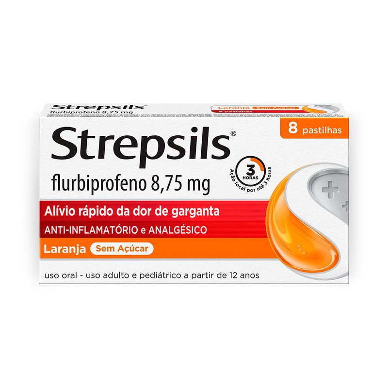 Pastilhas para Garganta Strepsils 8,75mg Sabor Laranja Sem Açucar 8 Pastilhas