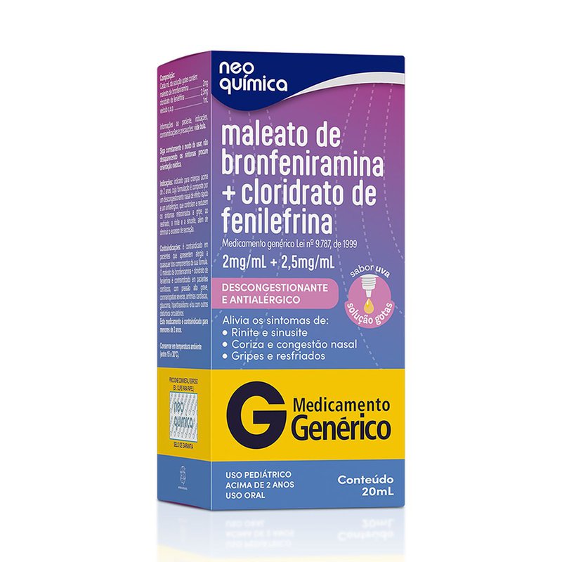 Maleato de Bronfeniramina 2mg/ml + Cloridrato de fenilefrina 2,5mg/ml Neo Química Solução Gotas Sabor Uva 20ml