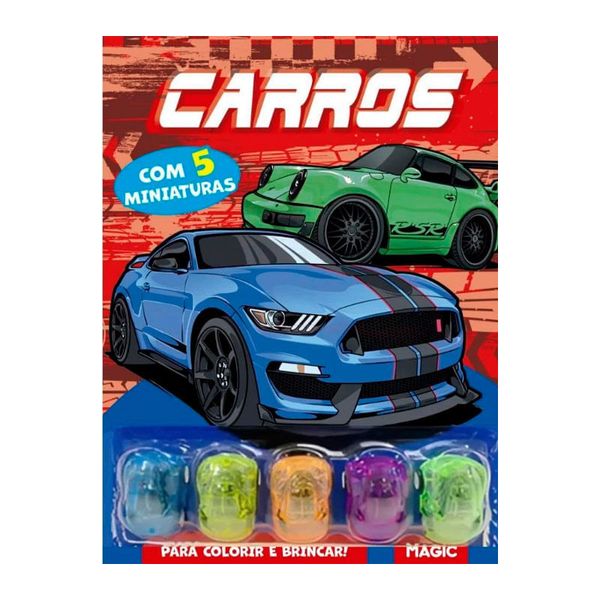 Livro Infantil para Colorir e Brincar Carros com 5 Miniaturas 1 Unidade