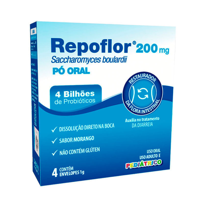 Repoflor Pediátrico 200mg Pó Oral Sabor Morango 4 Envelopes