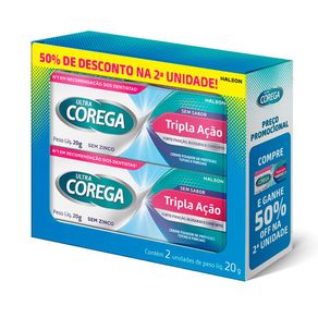 Kit Creme Fixador de Dentadura Ultra Corega Tripla Ação Sem Sabor 2 Unidades 20g Cada