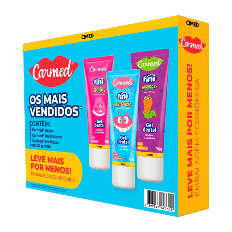 Kit Gel Dental Carmed Fini Beijos 70g + Gel Dental Carmed Fini Dentaduras 70g + Gel Dental Carmed Fini Minhocas 70g