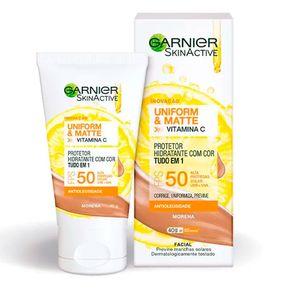 Protetor Hidratante Facial com Cor Garnier Uniform & Matte Vitamina C FPS50 Morena 40g