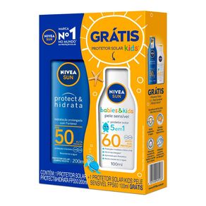 Kit Protetor Solar Corporal e Facial Nivea Sun Protect & Hidrata FPS50 200ml + Protetor Solar Corporal Nivea Sun Babies & Kids 5 em 1 FPS60 100ml