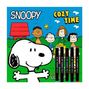Kit Livro para Colorir Snoopy Cozy Time 1 Unidade + Canetas Coloridas Ponta Dupla Magic Art Marker 5 Unidades