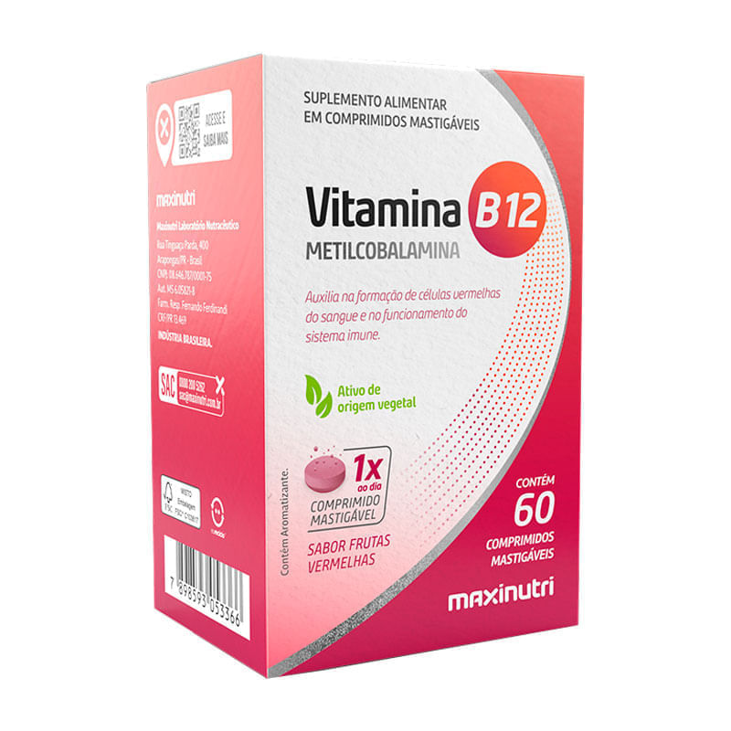 Suplemento Alimentar Maxinutri Vitamina B12 Sabor Frutas Vermelhas 60 Comprimidos Mastigáveis