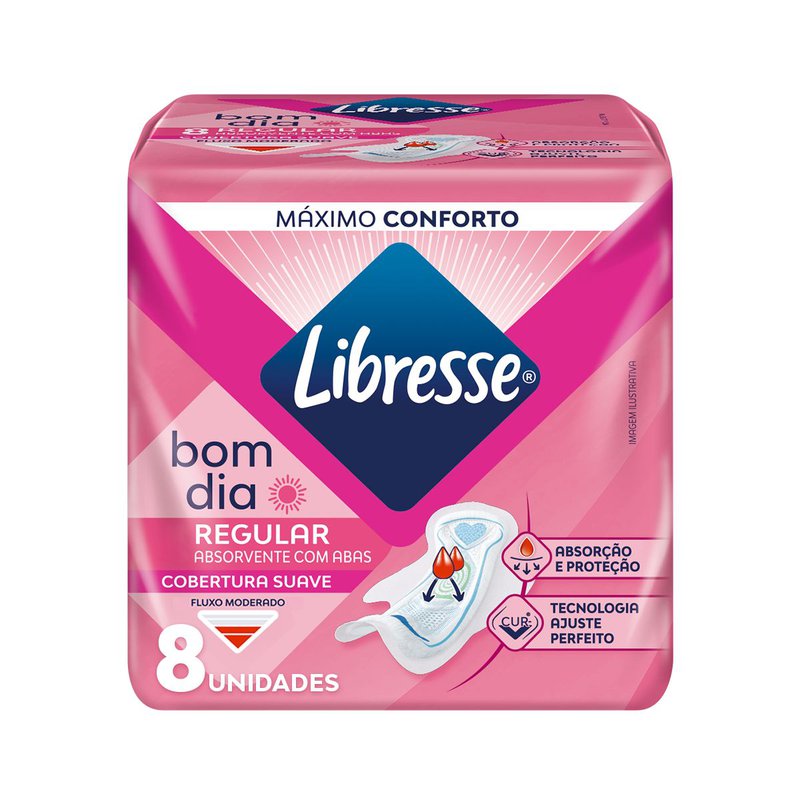 Absorvente Libresse Bom Dia Regular Suave Com Abas Fluxo Moderado 8 Unidades