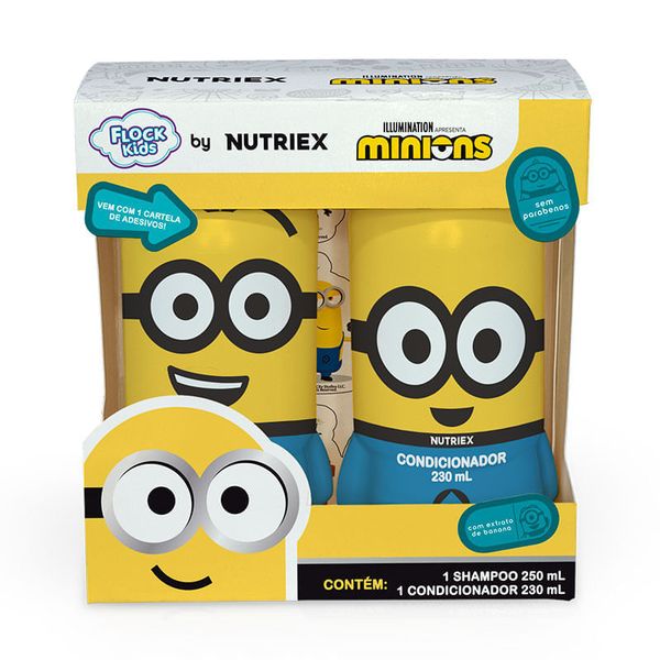 Kit Shampoo Infantil Flock Kids By Nutriex Minions 250ml + Condicionador Infantil Flock Kids By Nutriex Minions 230ml + Cartela de Adesivos