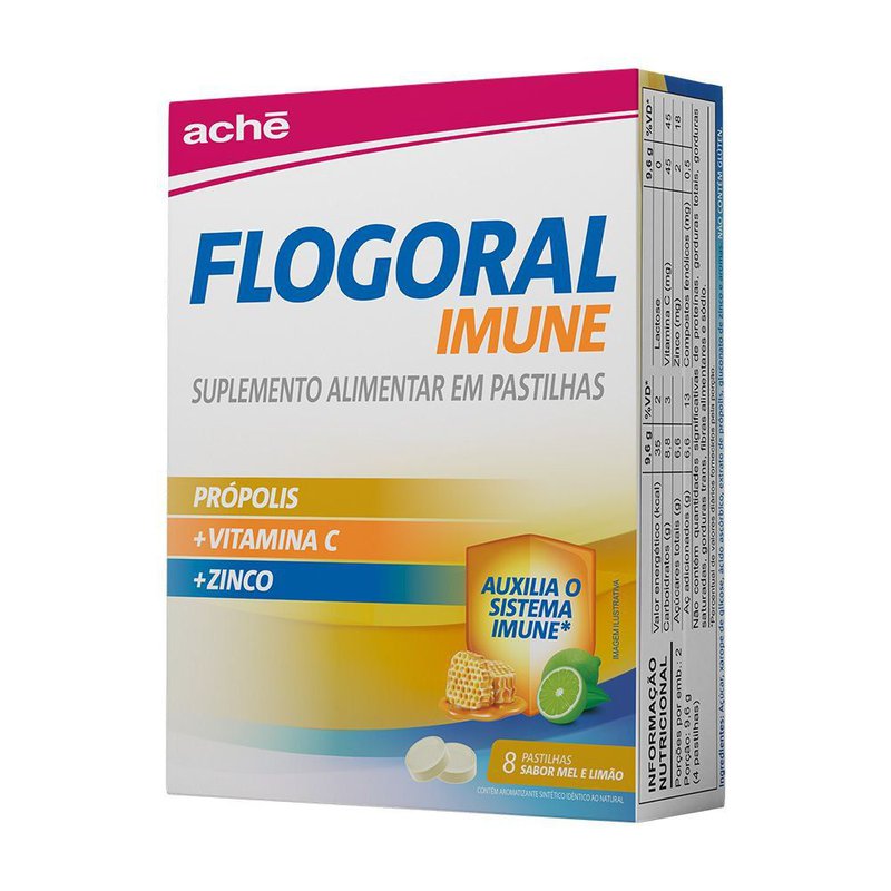 Suplemento Alimentar Flogoral Pastilhas Imune Sabor Mel e Limão 8 Unidades