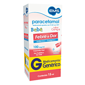 Paracetamol Bebê 100mg/ml EMS Suspensão Oral Sabor Cereja 15ml + Seringa Dosadora