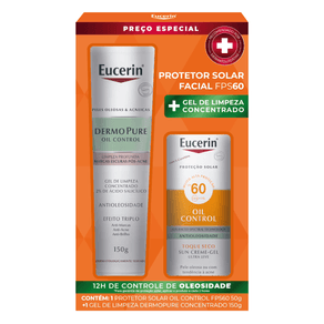 Kit Protetor Solar Eucerin Oil Control Sem Cor FPS60 50g + Gel de Limpeza Eucerin Dermo Pure Oil Control 150g