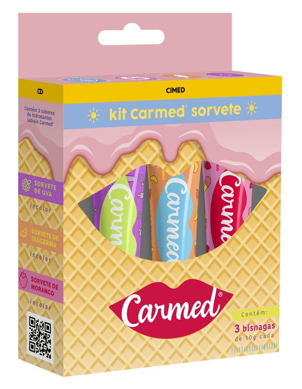 Kit Hidratante Labial Carmed Sorvete Sabor Morango, Tangerina e Uva 10g Cada