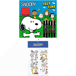 Kit Livro para Colorir Cozy Time Snoopy 1 Unidade + 5 Canetas Coloridas + 1 Cartela de Adesivos