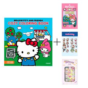 Livro Para Colorir Hello Kitty And Friends Cozy Coloring Book 1 Unidade + Cards Colecionável Sortido + Cartela de Adesivos + Unha Postiça Belezze Kids