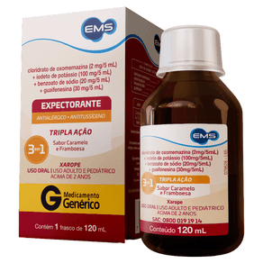 Cloridrato de Oxomemazina 2mg/5ml + Iodeto de Potássio 100mg/5ml + Benzoato de Sódio 20mg/5ml + Guaifenesina 30mg/5ml EMS Xarope Expectorante 120ml