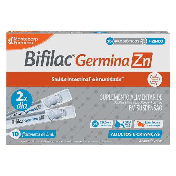 Suplemento Alimentar Bifilac Germina Zn 2Bi Sabor Laranja e Morango 10 Flaconetes de 5ml