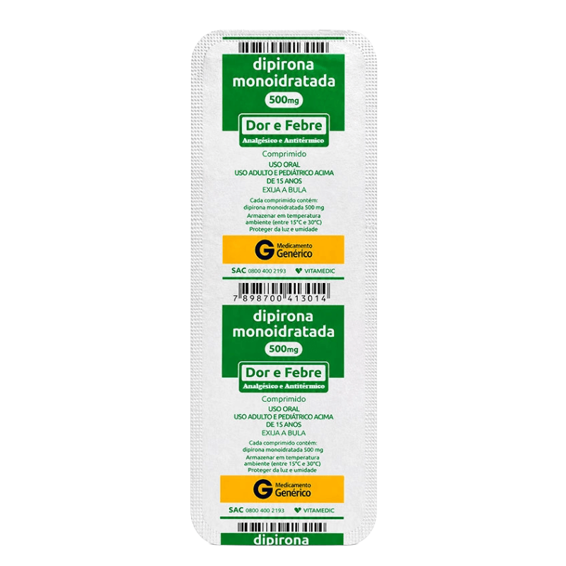 Dipirona Monoidratada 500mg Vitamedic 10 Comprimidos