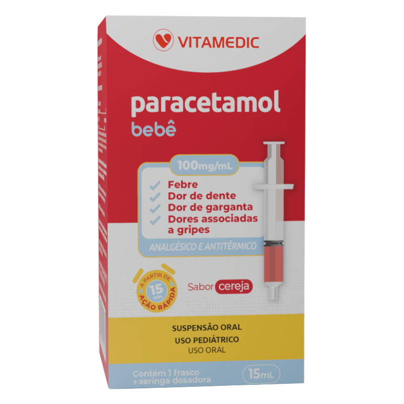 Paracetamol Bebê 100mg/ml Vitamedic Suspensão Oral Sabor Cereja 15ml + Seringa Dosadora