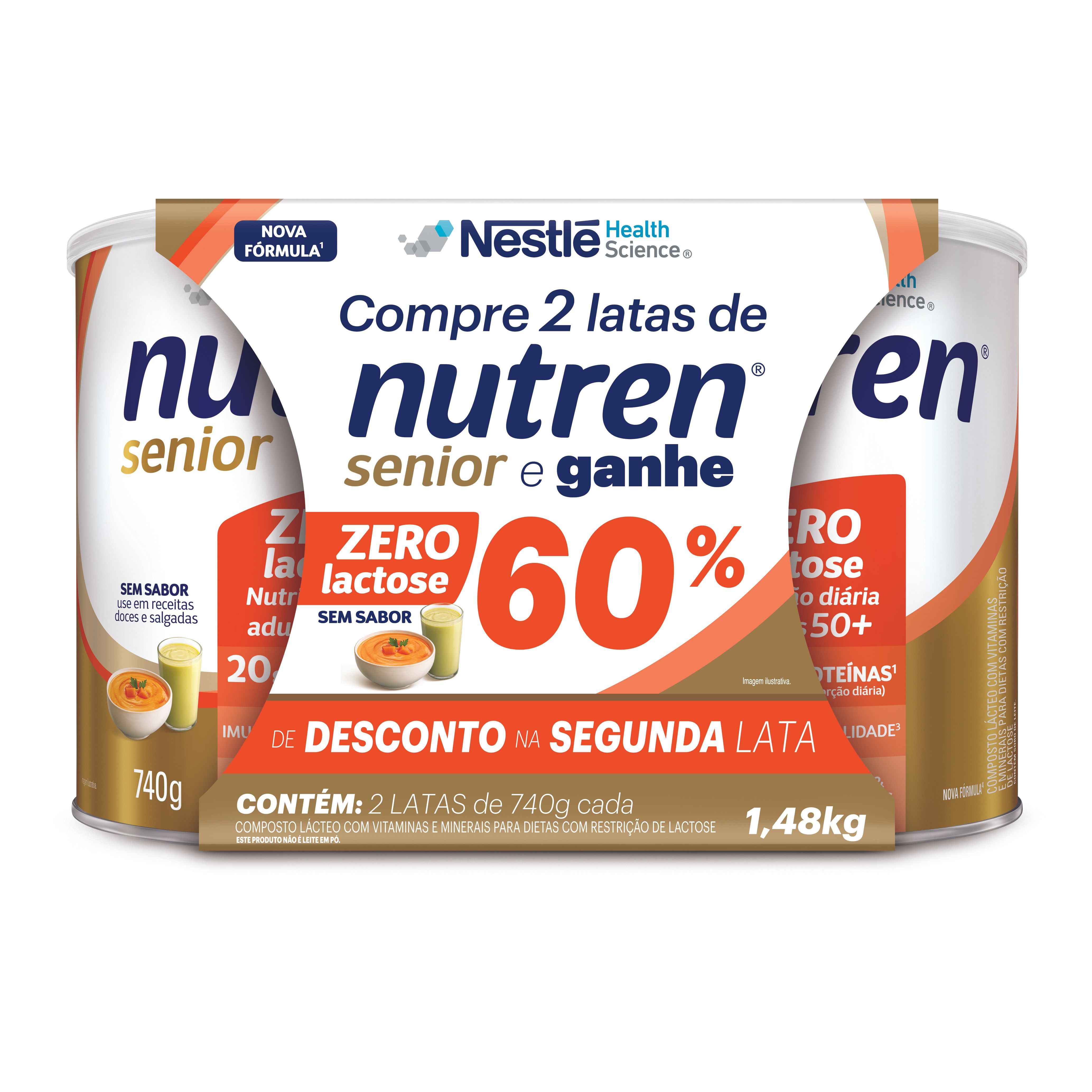 Kit Complemento Alimentar Nutren Senior Sem Sabor Zero Lactose 2 Unidades de 740g Cada