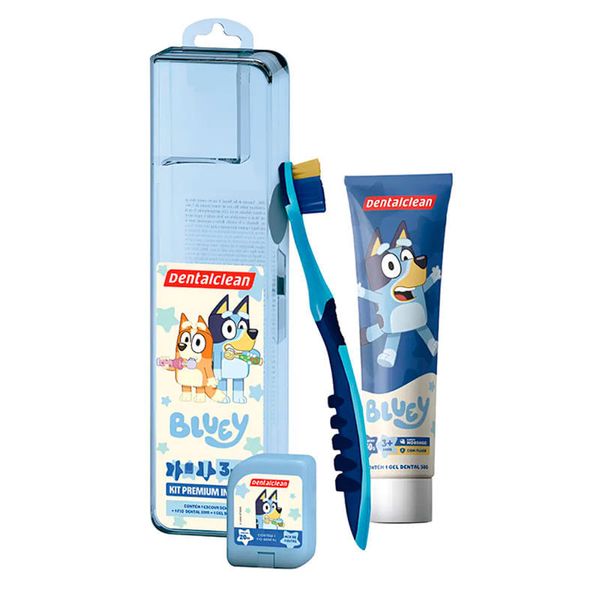 Kit Premium 3 em 1 Infantil Dentalclean 1 Escova Dental Bluey + 1 Fio Dental 20m + 1 Gel Dental 50g