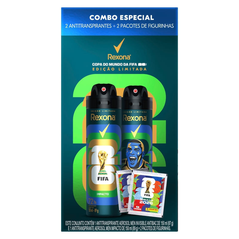 Kit Desodorante Antitranspirante Aerosol Rexona Men Impacto + Invisible Ronaldo 72h 150ml Cada + Figurinhas Copa do Mundo FIFA 2026 2 Pacotes